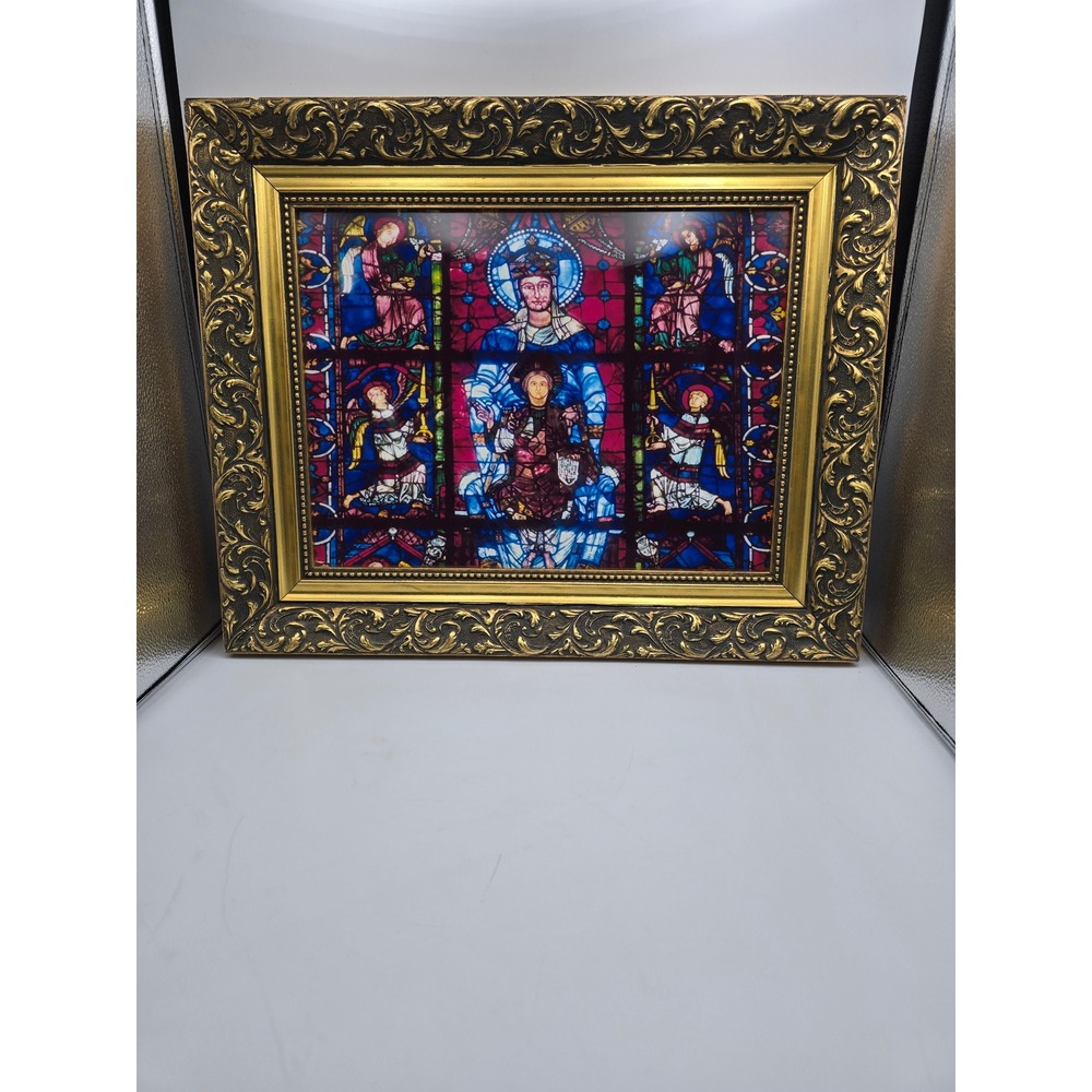 Stained Glass Photo Religious Art Virgin Mary Gold Frame 21x17 Excellent